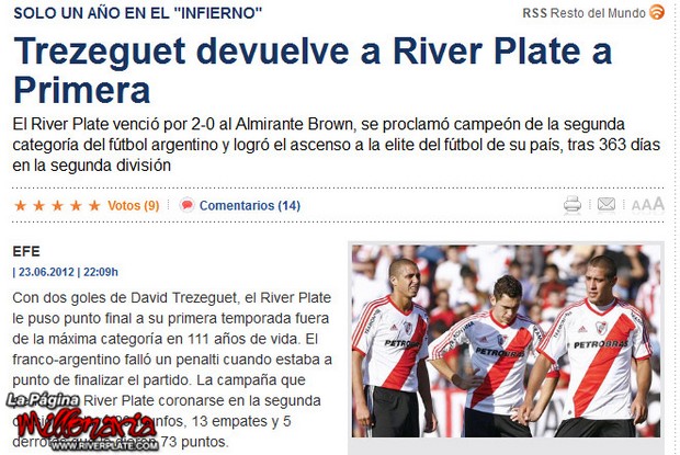 Diarios del mundo reflejan ascenso de River - Junio 2012 5