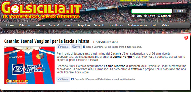Catania quiere a Vangioni - Junio 2013 2