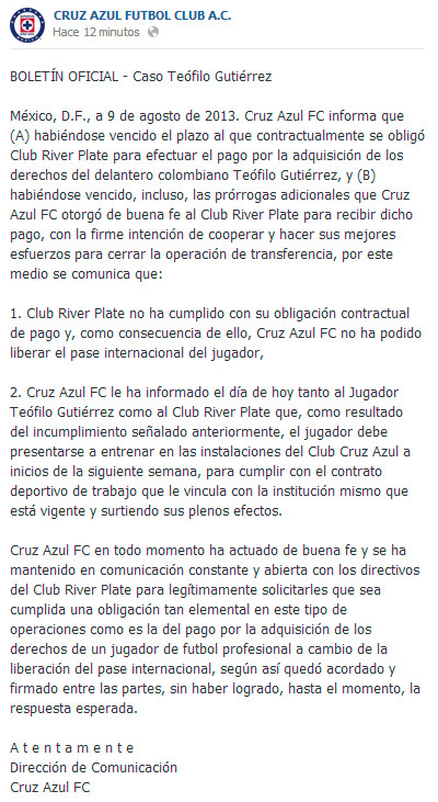 Comunicado Cruz Azul por Teo Gutiérrez 1
